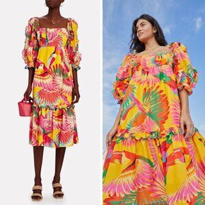 NEW FARM Rio Colorful Toucans Scalloped Midi Dress Tropical Vacation Resortwear